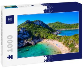 Lais Puzzle - Porto Timoni Strand bei Afionas ist ein paradiesischer Doppelstrand mit kristallklarem azurblauem Wasser auf Korfu, Ionische Insel, Griechenland, Europa - 1.000 Teile