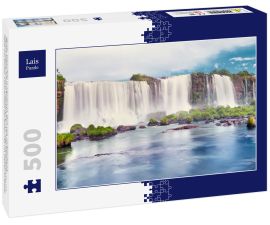 Lais Puzzle - Iguazu-Wasserfälle in Argentinien, Blick vom Teufelsschlund. Panoramablick auf viele majestätische, mächtige Wasserkaskaden mit Nebel und Wolken. Panoramabild des Iguazu-Tals mit Steinen im Wasser - 500 Teile