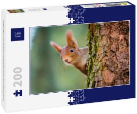 Lais Puzzle - Neugieriges rotes Eichhörnchen späht hinter dem Baumstamm - 200 Teile