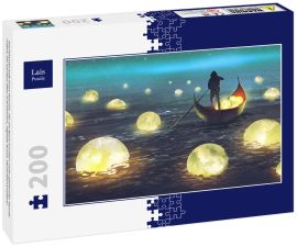 Lais Puzzle - Nachtlandschaft eines Mannes, der ein Boot inmitten vieler glühender Monde rudert, die auf dem Meer schwimmen, digitale Kunst, Illustrationsmalerei - 200 Teile