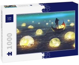 Lais Puzzle - Nachtlandschaft eines Mannes, der ein Boot rudert, inmitten vieler glühender Monde, die auf dem Meer treiben, Digital Art Style, Illustration Malerei - 1.000 Teile