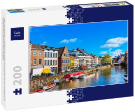 Lais Puzzle - Alte, farbenfrohe, traditionelle Häuser entlang des Kanals und Boote im beliebten Touristenziel Gent, Belgien - 200 Teile