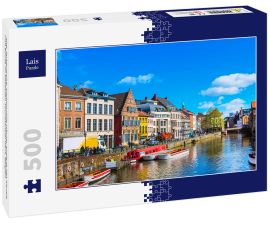 Lais Puzzle - Alte, farbenfrohe, traditionelle Häuser entlang des Kanals und Boote im beliebten Touristenziel Gent, Belgien - 500 Teile