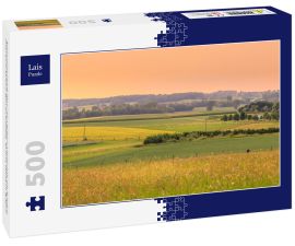 Lais Puzzle - Sonnenuntergang über einer grünen Landschaft mit Schafen und einem kleinen Dorf im Frühling. Tienen, Flandern Belgien - 500 Teile