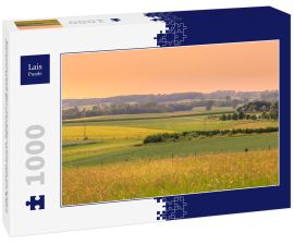 Lais Puzzle - Sonnenuntergang über einer grünen Landschaft mit Schafen und einem kleinen Dorf im Frühling. Tienen, Flandern Belgien - 1.000 Teile